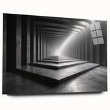 Large abstract wall art on acrylic glass showing fluid architectural forms in monochrome tones.