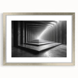 Textured art depicting abstract tunnels in silver frame, ideal for modern bedroom decor.