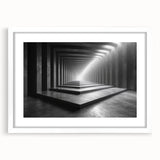Abstract art print of geometric tunnels in muted gray, ideal for modern bedroom or dining room decor.