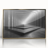 Mid-century modernist acrylic print of architectural tunnels in gold frame, suited for modern art wall decor.