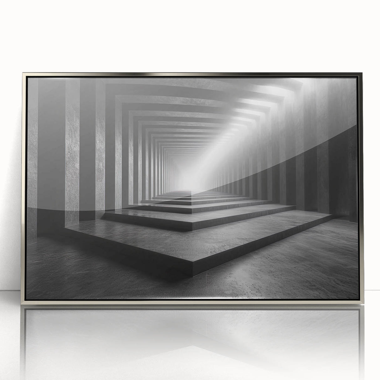 Mid-century modernist art depicting geometric tunnels in silver and gray tones on a framed acrylic.