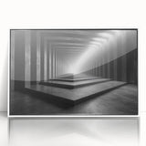 Art deco poster featuring a geometric tunnel design in black and white, acrylic framed, ideal for modern art wall decor.