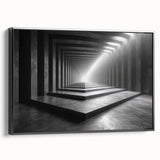 Black and white framed canvas featuring a vintage poster art style landscape of architectural tunnels.