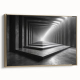 Framed canvas featuring a vintage poster-style landscape tunnel design in black, ideal for bedroom decor.