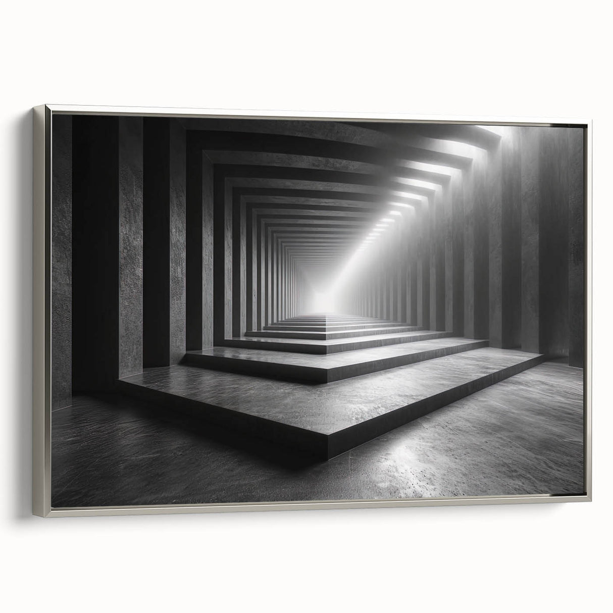 Framed canvas featuring a vintage poster of a landscape tunnel design in black with colorful accents, ideal for office decor.