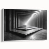 Vintage poster art of architectural tunnels in muted black and color, framed canvas, suitable for large living room walls.