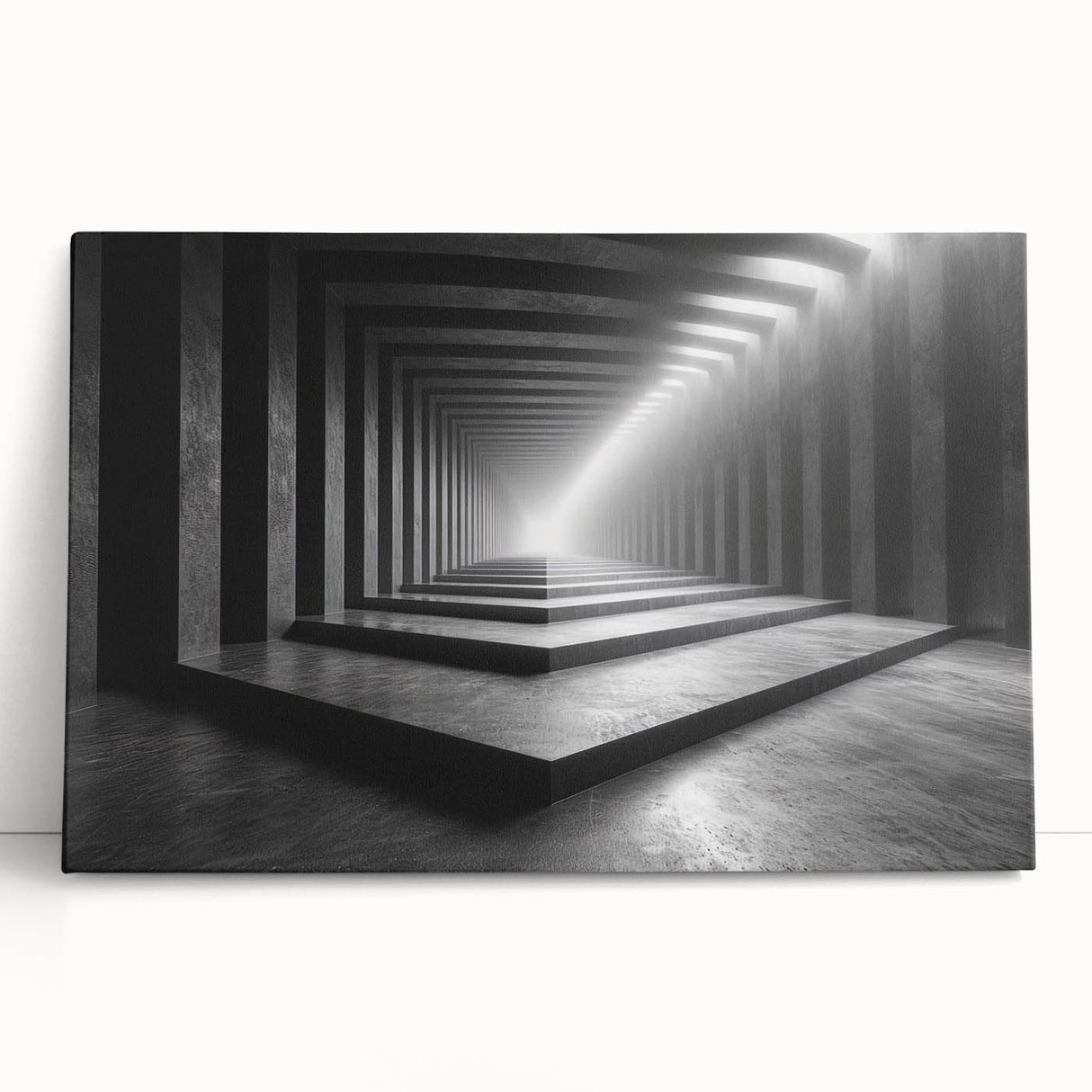 Black and white photograph of architectural tunnels on stretched canvas, ideal for kitchen wall art or bedroom ambiance.