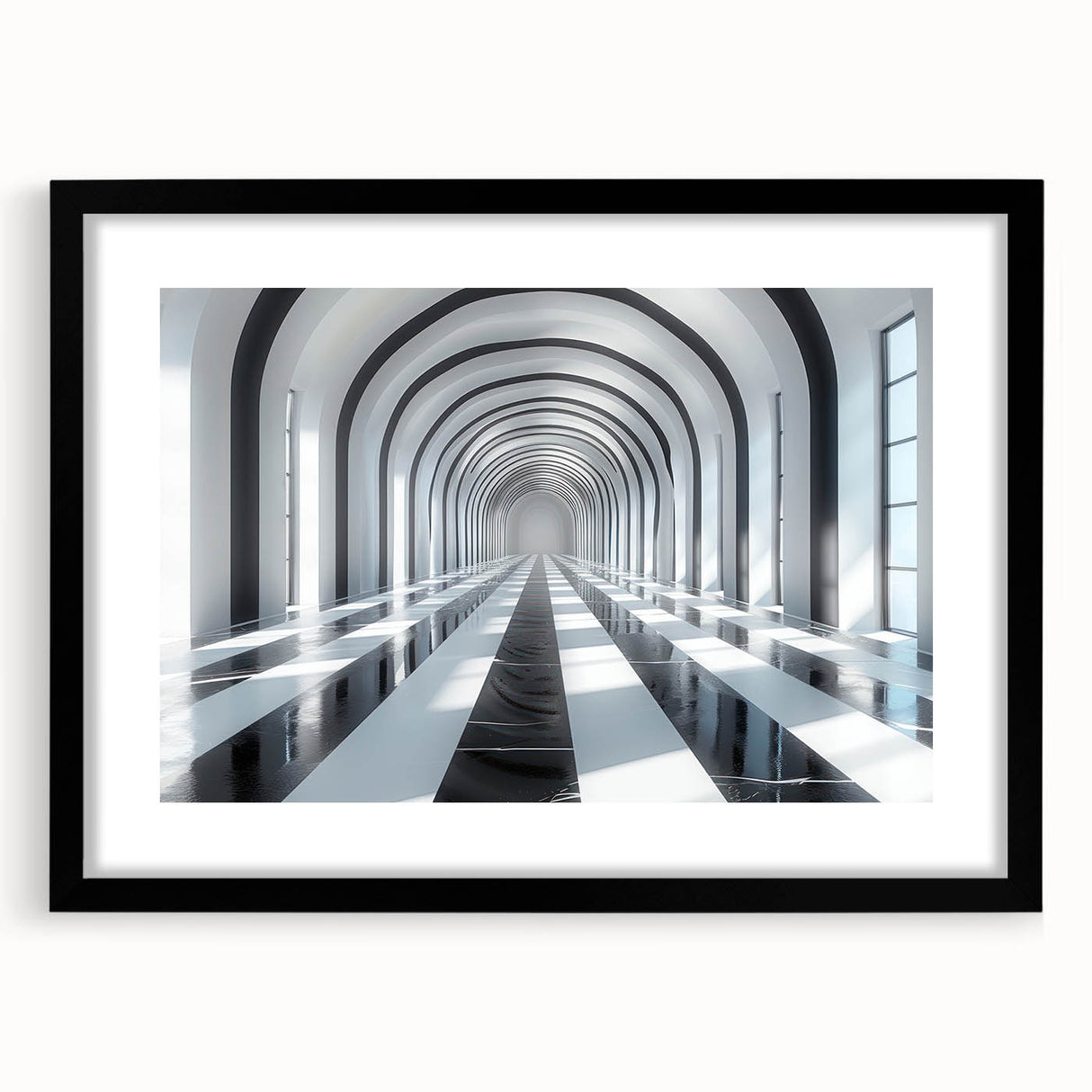 Extra large abstract art print featuring a colorful, textured tunnel design on a framed black canvas.