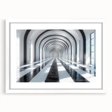 Abstract art print featuring a geometric tunnel design in black and white, framed with a white mat.