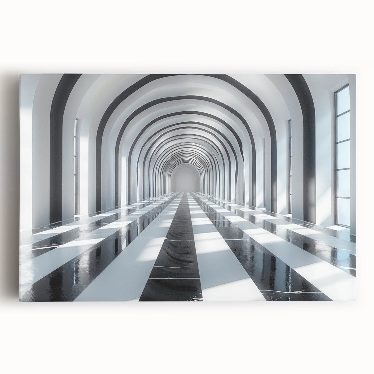 Black and white photo of architectural tunnels on stretched canvas, ideal for kitchen wall art.