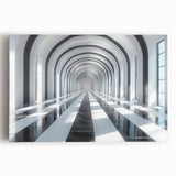 Black and white photo of architectural tunnels on stretched canvas, ideal for kitchen wall art.