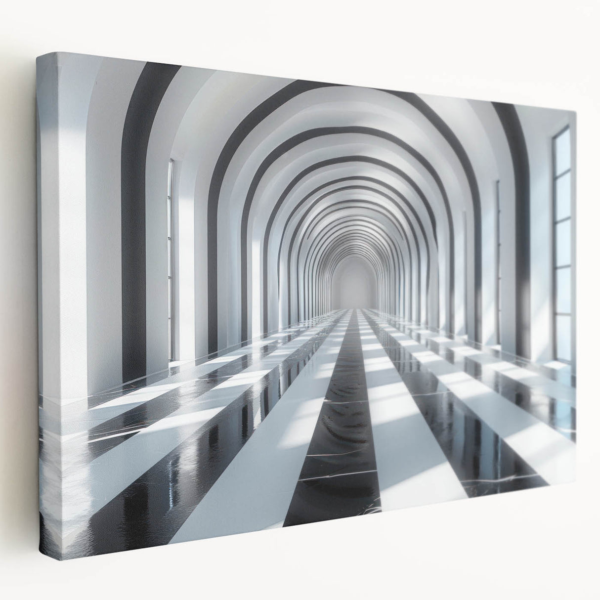 Large art print of architectural tunnels in muted gray and beige tones on stretched canvas, ideal for kitchen wall decor.