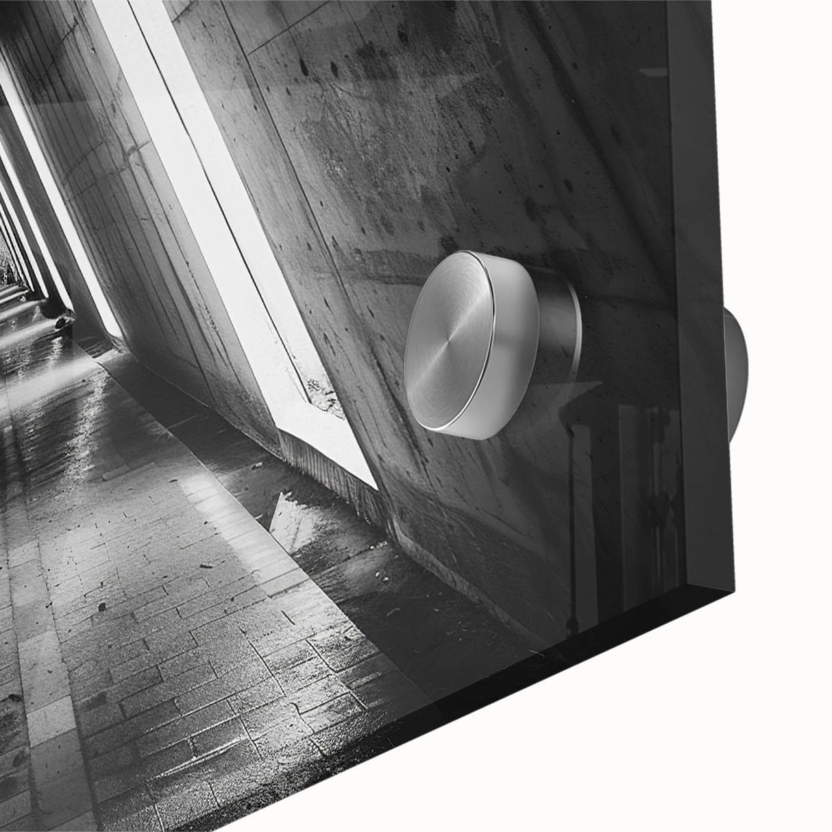 Large abstract wall art on acrylic glass featuring mid-century modernist architecture tunnels in monochrome.