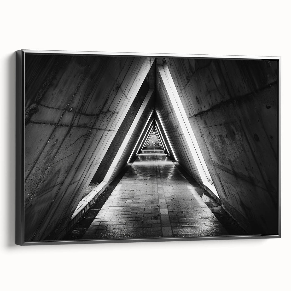 Framed canvas featuring a black and white vintage poster art of architectural tunnels, suitable for bedroom wall decor.