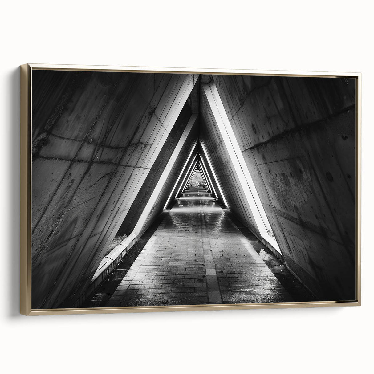 Framed canvas featuring a black and gold vintage poster art of architectural tunnels, ideal for bedroom wall decor.