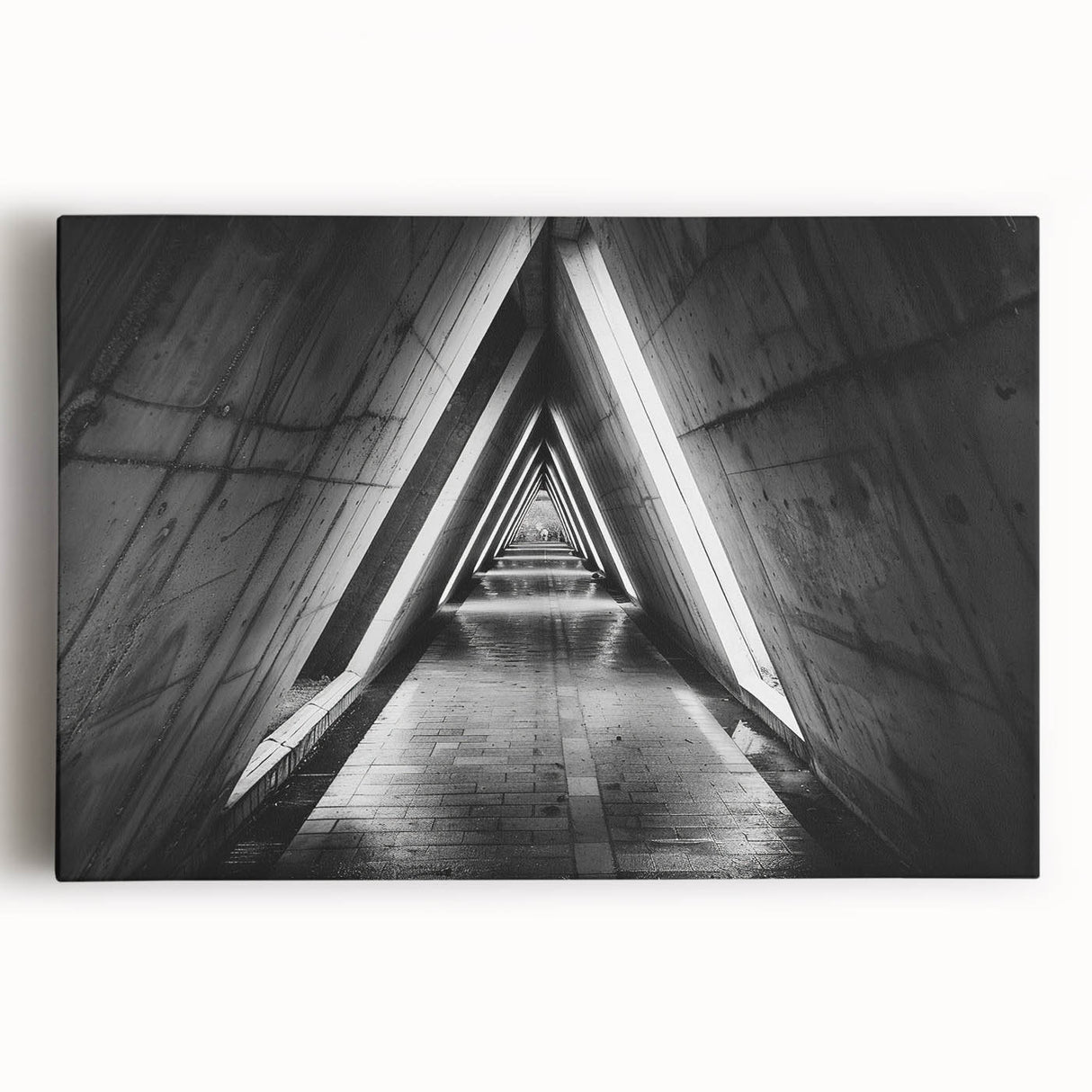 Large black and white photograph of architectural tunnels on stretched canvas, ideal for kitchen wall art.