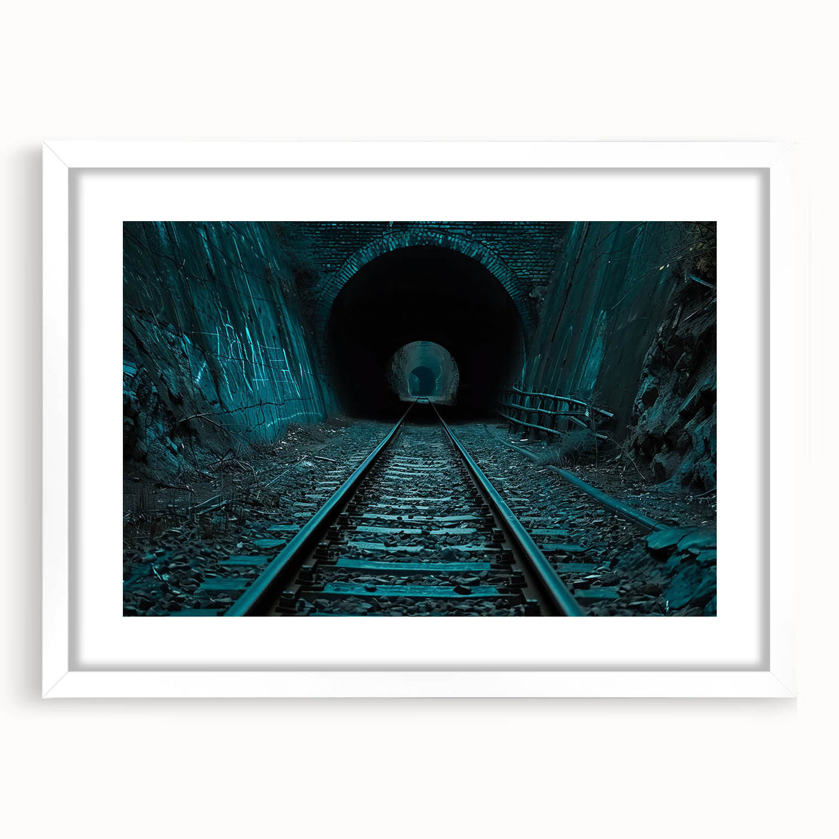 Abstract art print of geometric tunnels in black and white, framed with a white mat.
