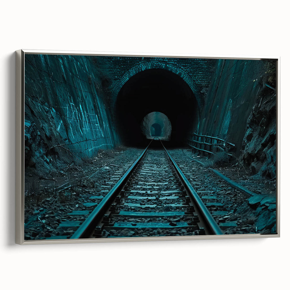 Monochrome landscape painting of tunnel architecture on framed canvas, ideal for bedroom wall art.