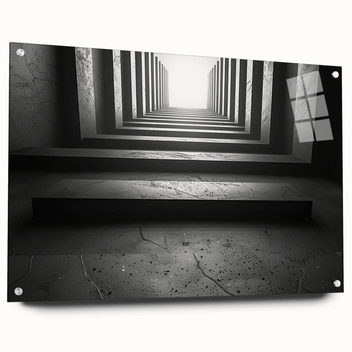 Large abstract wall art on acrylic glass depicting geometric tunnel designs in monochrome tones.