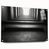 Large abstract wall art on acrylic glass depicting geometric tunnel designs in monochrome tones.