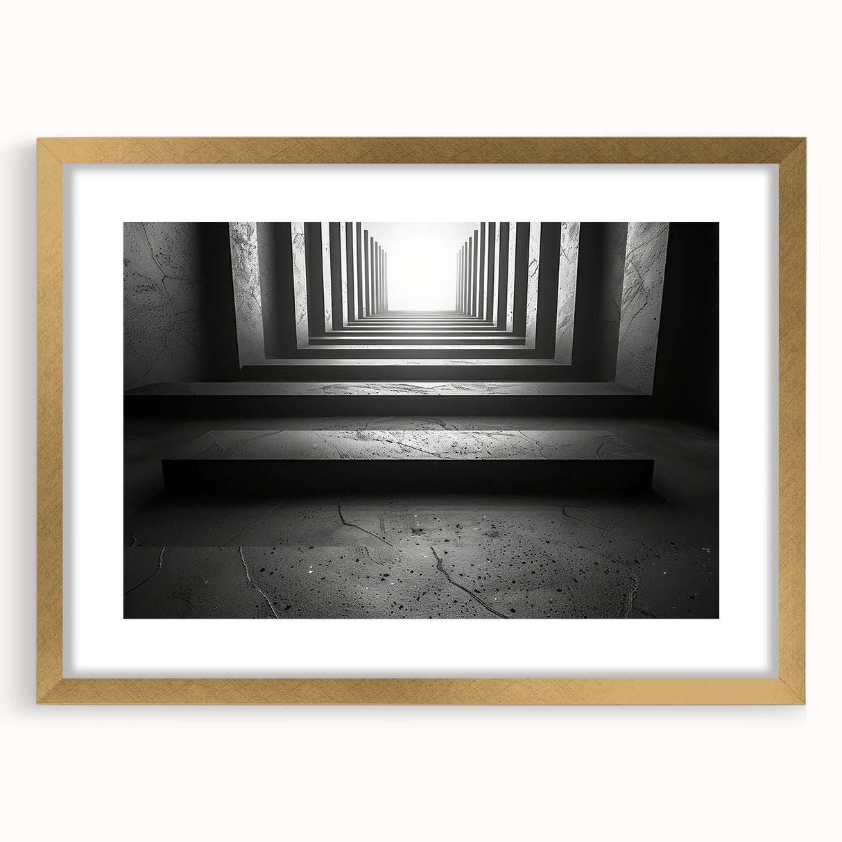 Extra large abstract art print featuring a textured tunnel design in gold and black, framed with mat.