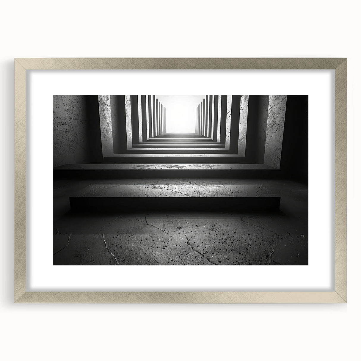 Textured art of abstract tunnels in silver hues, printed on framed canvas, ideal for bedroom wall decor.