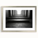 Textured art of abstract tunnels in silver hues, printed on framed canvas, ideal for bedroom wall decor.