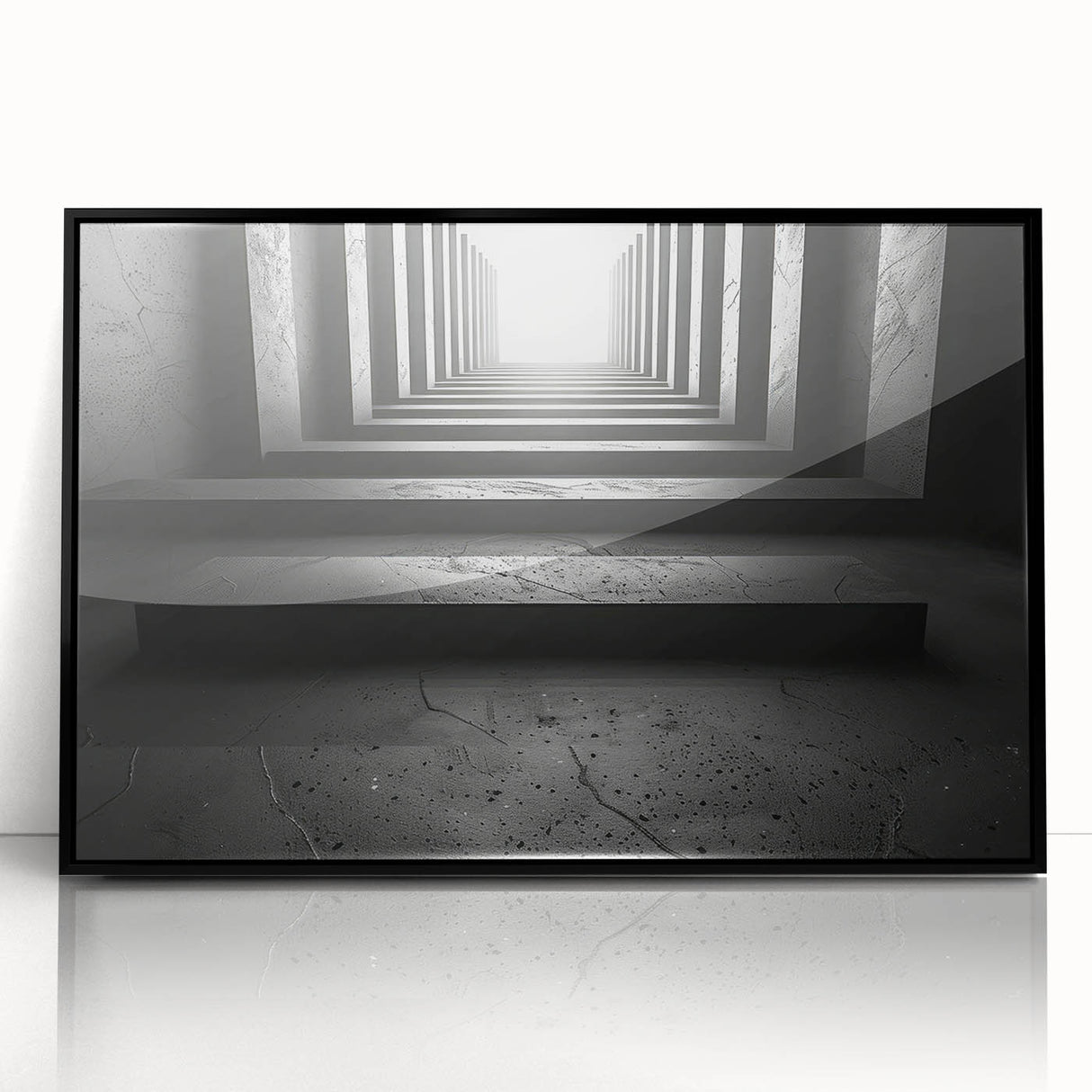 Large abstract wall art featuring geometric shapes in black and white, framed in acrylic, suitable for modern art wall decor.