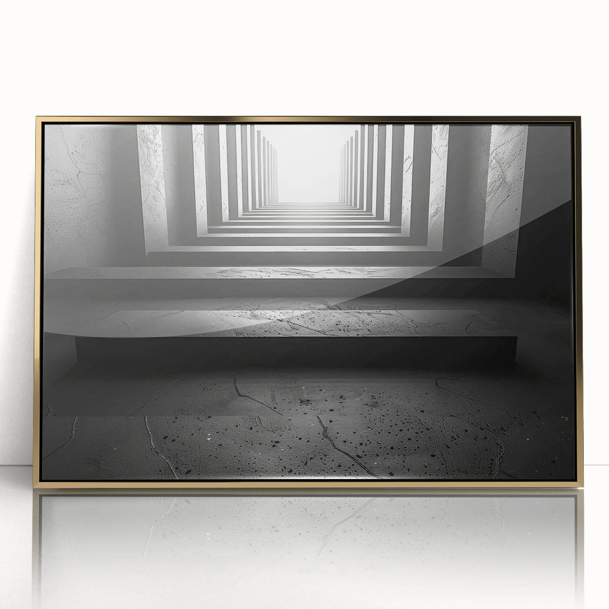 Mid-century modernist acrylic print of architectural tunnels in gold frame, ideal for nursery wall art.