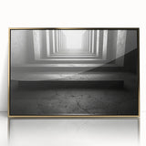 Mid-century modernist acrylic print of architectural tunnels in gold frame, ideal for nursery wall art.