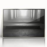 Mid-century modernist art depicting geometric tunnels in muted gray, framed acrylic, ideal for modern art wall decor.