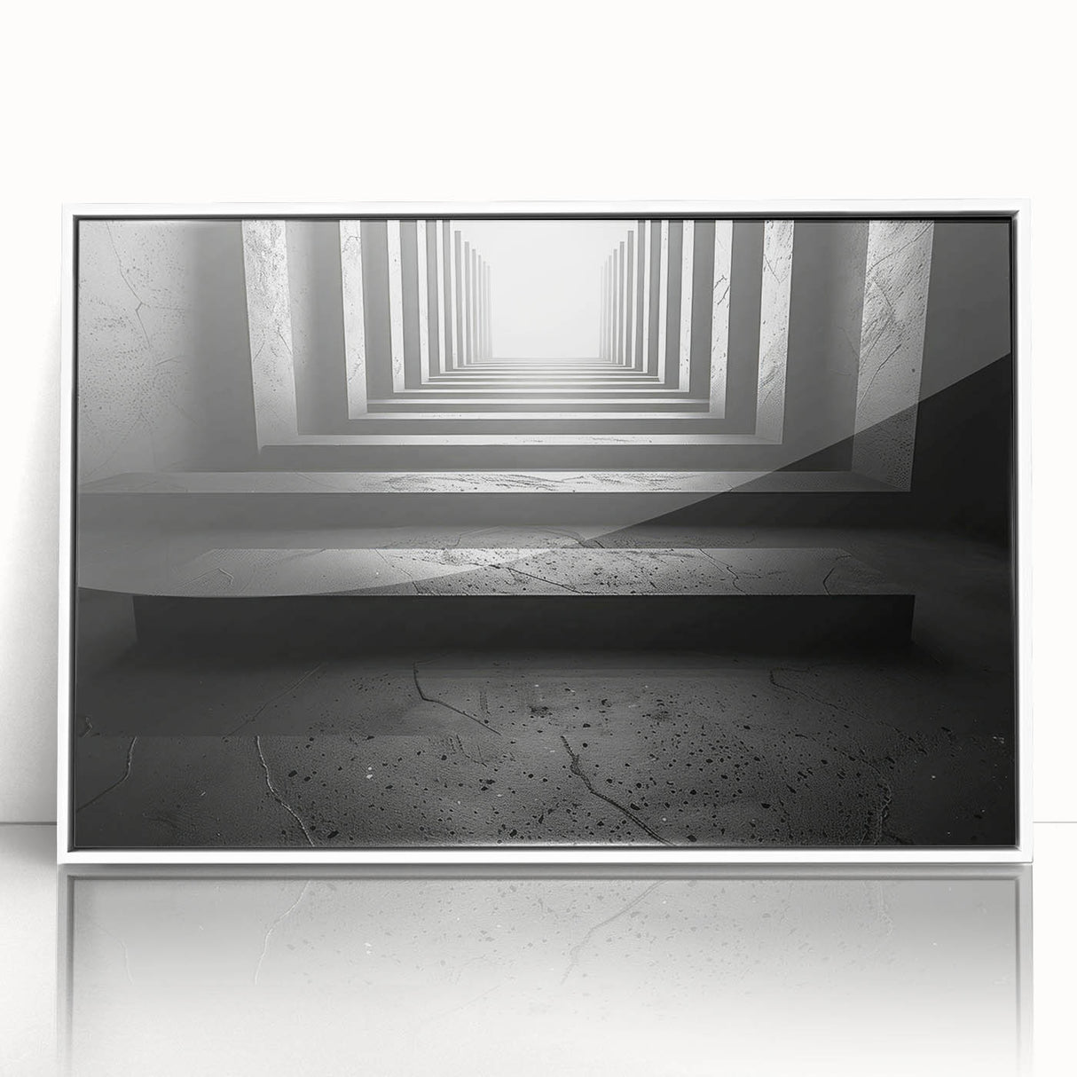 Art Deco style poster of architectural tunnels in monochrome shades, framed acrylic, ideal for modern art wall decor.