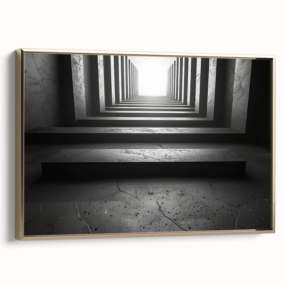 Framed canvas featuring a black and gold architectural tunnel design, ideal for bedroom wall art.