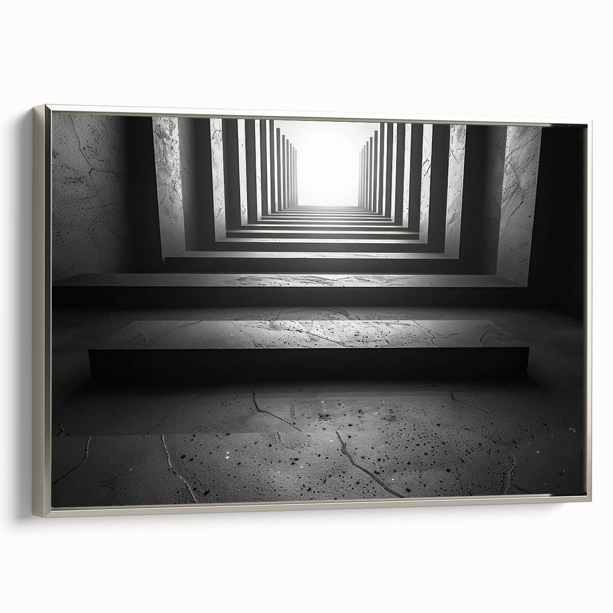 Framed canvas of a vintage-style landscape painting featuring a tunnel design in black with colorful accents.