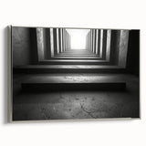 Framed canvas of a vintage-style landscape painting featuring a tunnel design in black with colorful accents.