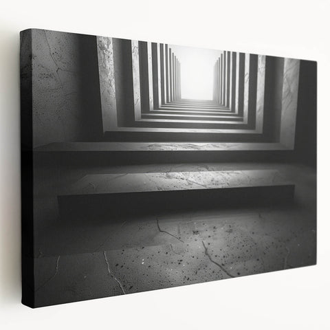 Side view of a stretched canvas featuring a large, monochrome architectural tunnel design, suitable for kitchen wall art.