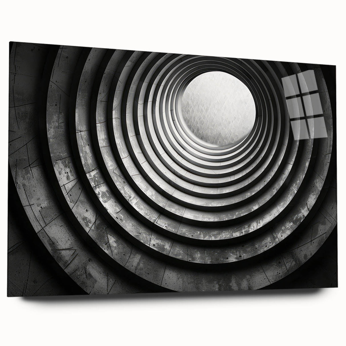 Large abstract wall art on acrylic glass depicting geometric patterns in neutral tones.
