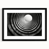 Extra large abstract art print featuring a colorful, textured tunnel design on a black framed canvas.