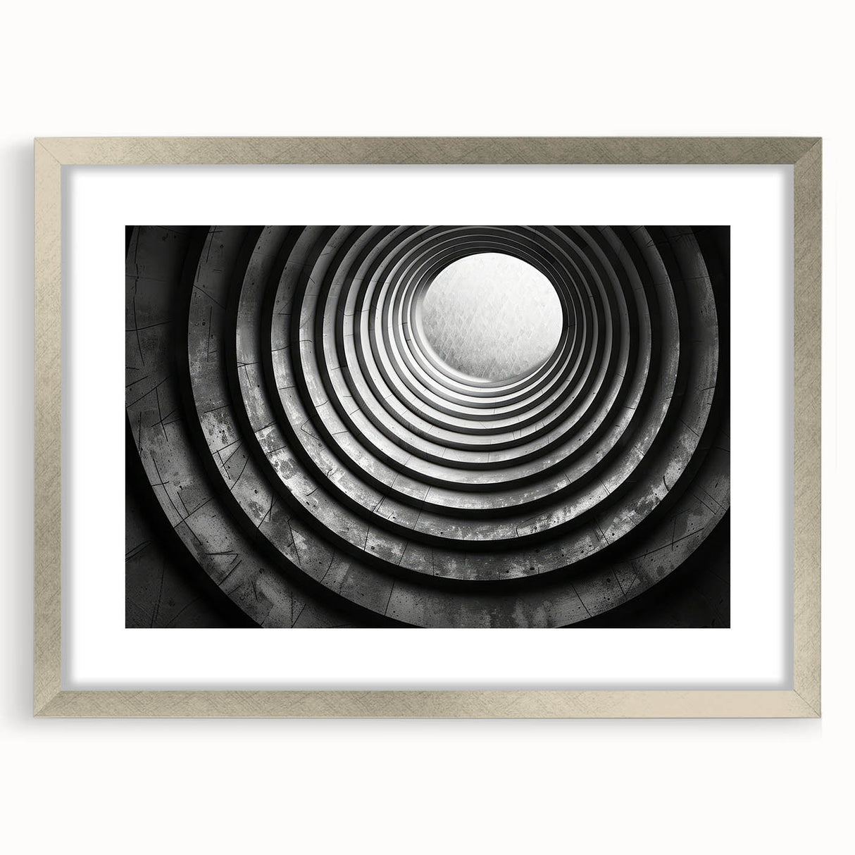 Abstract textured art print in gray and white tones on a silver-framed poster, ideal for modern bedroom ambiance.