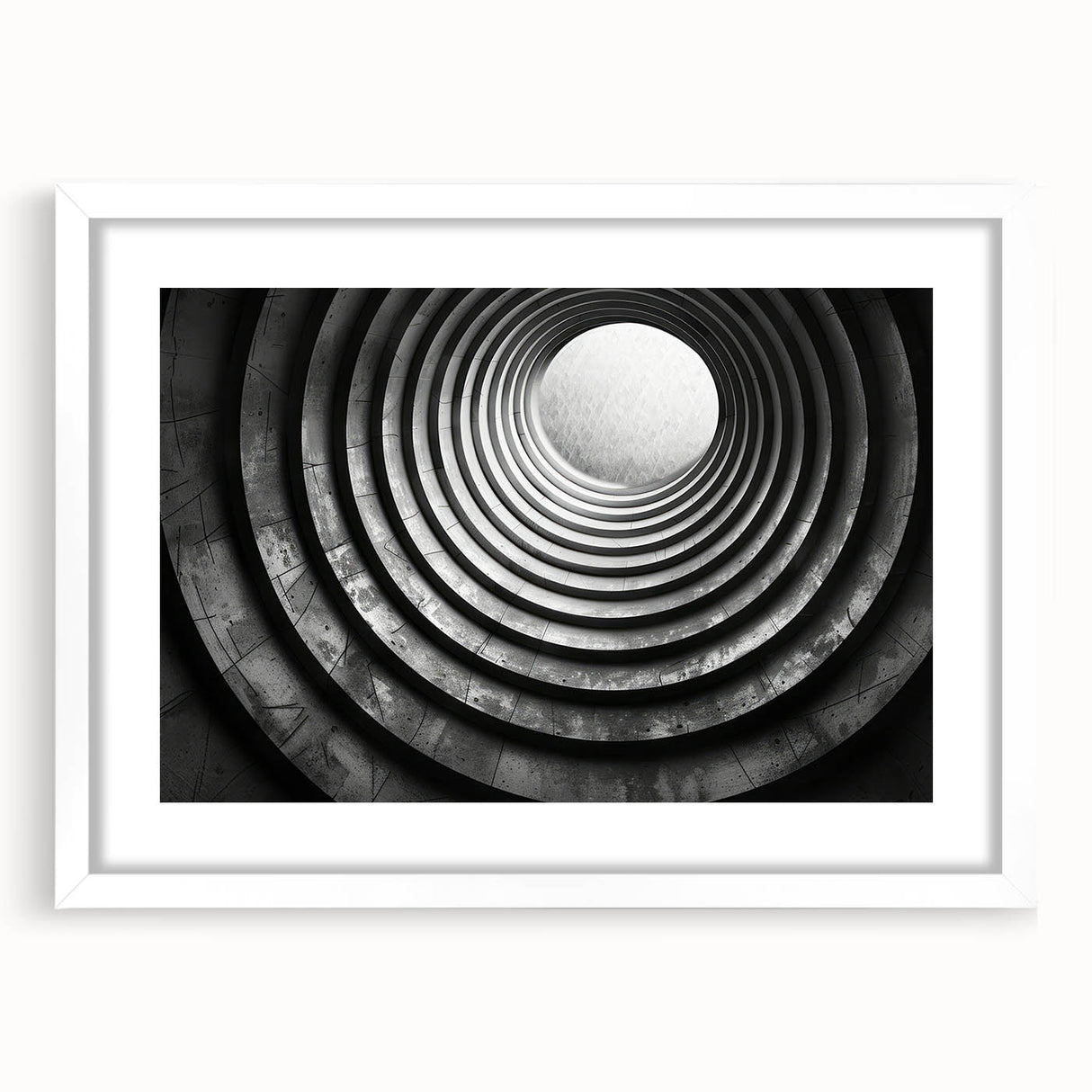 Abstract art print of intertwining tunnels in muted gray, ideal for modern dining room decor, framed with a white mat.