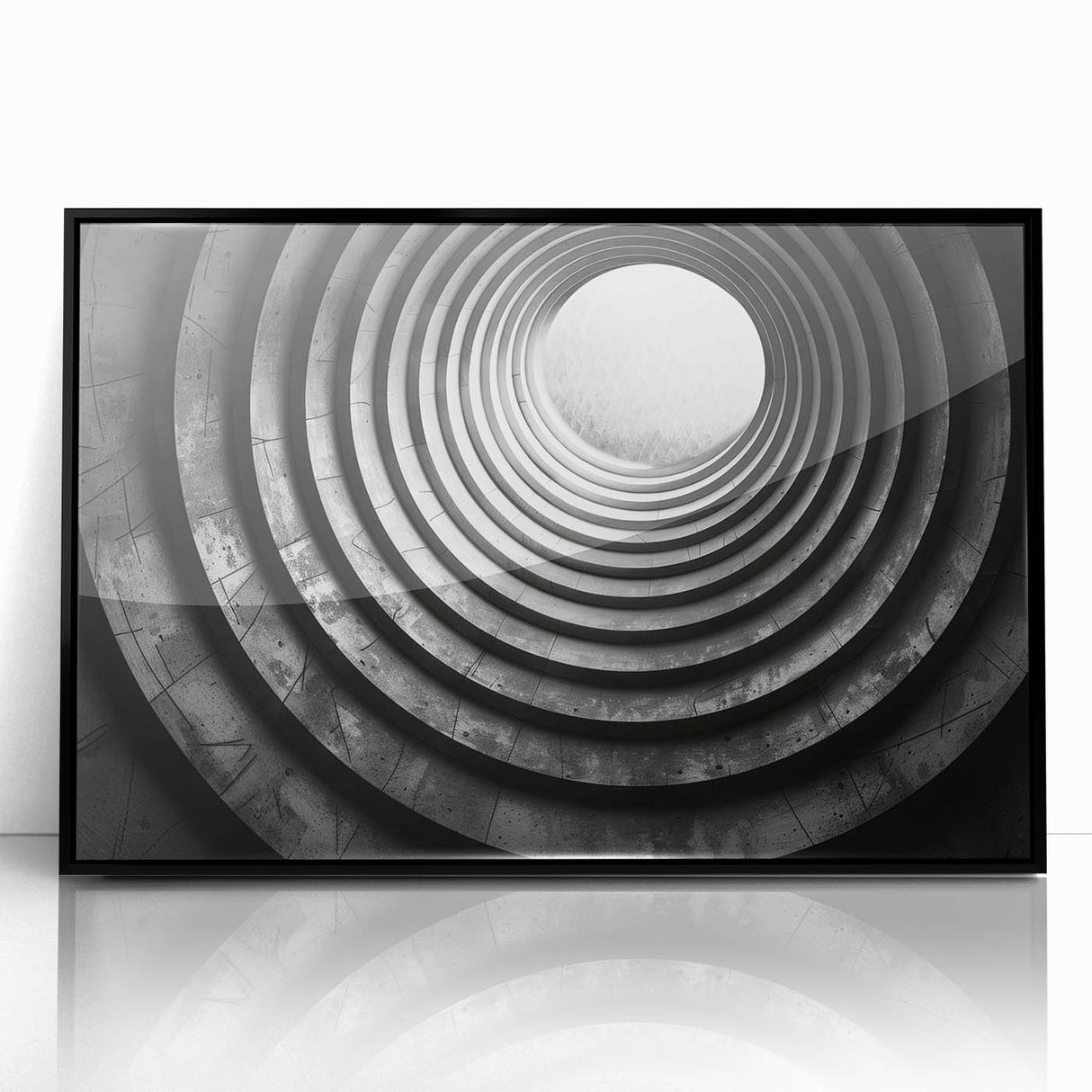 Large abstract wall art depicting geometric shapes in black and white, framed in acrylic, suitable for modern art wall decor.
