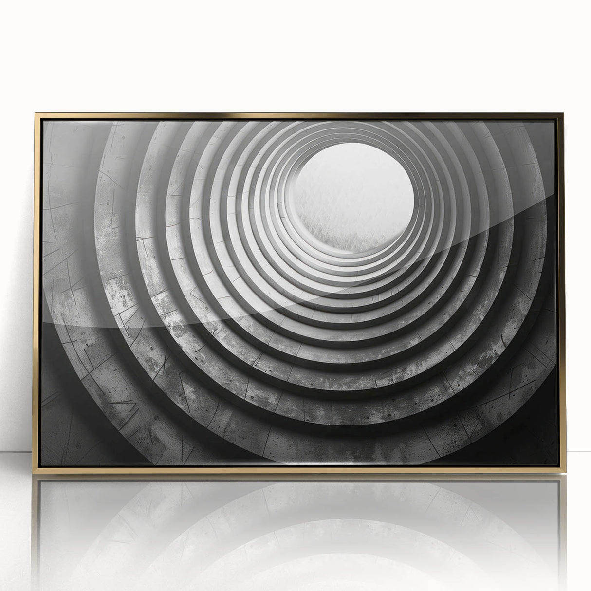 Mid-century modernist large art print of architectural tunnels in gold tones on framed acrylic.
