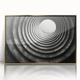Mid-century modernist large art print of architectural tunnels in gold tones on framed acrylic.