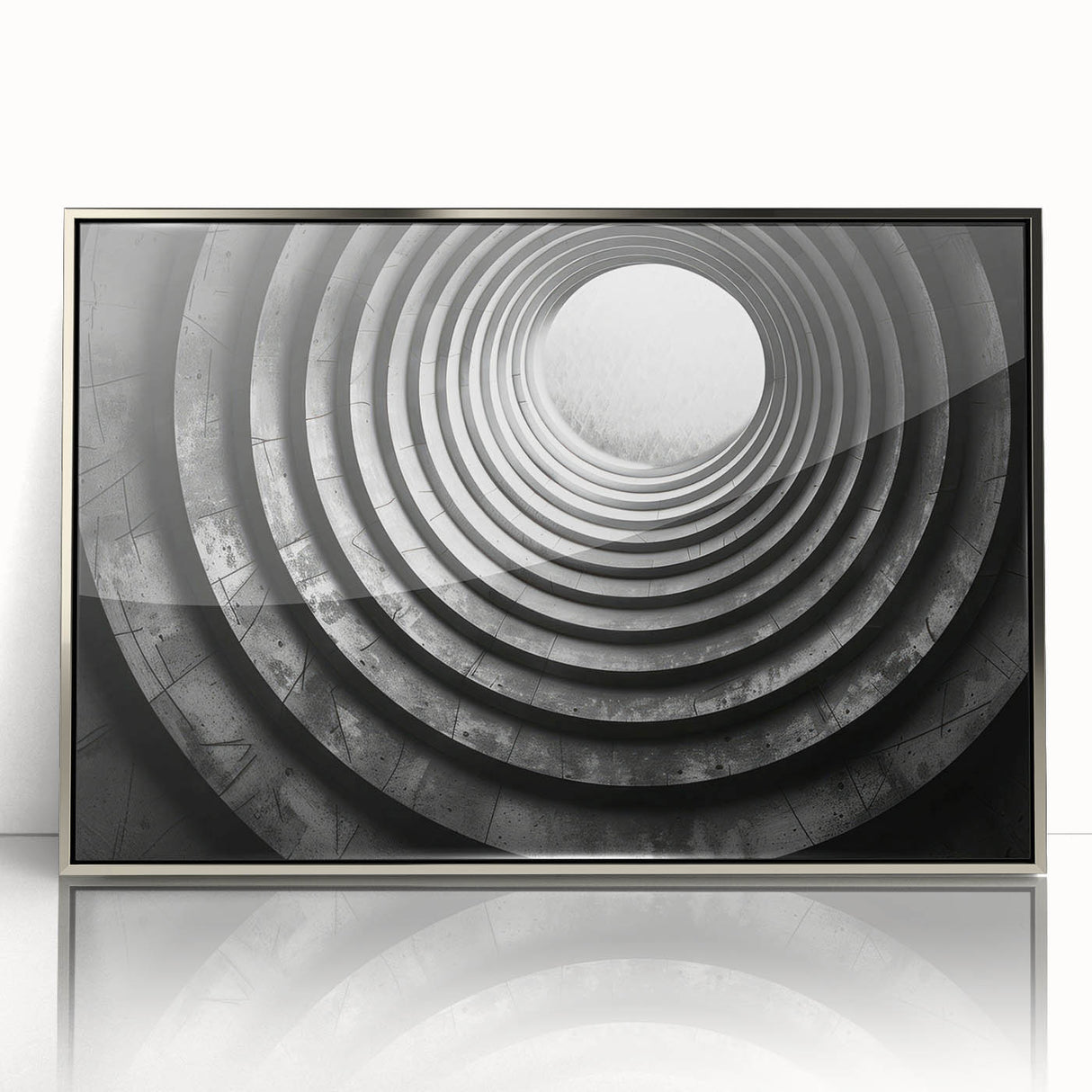 Mid-century modernist art deco tunnel design in silver frame, ideal for nursery wall art.