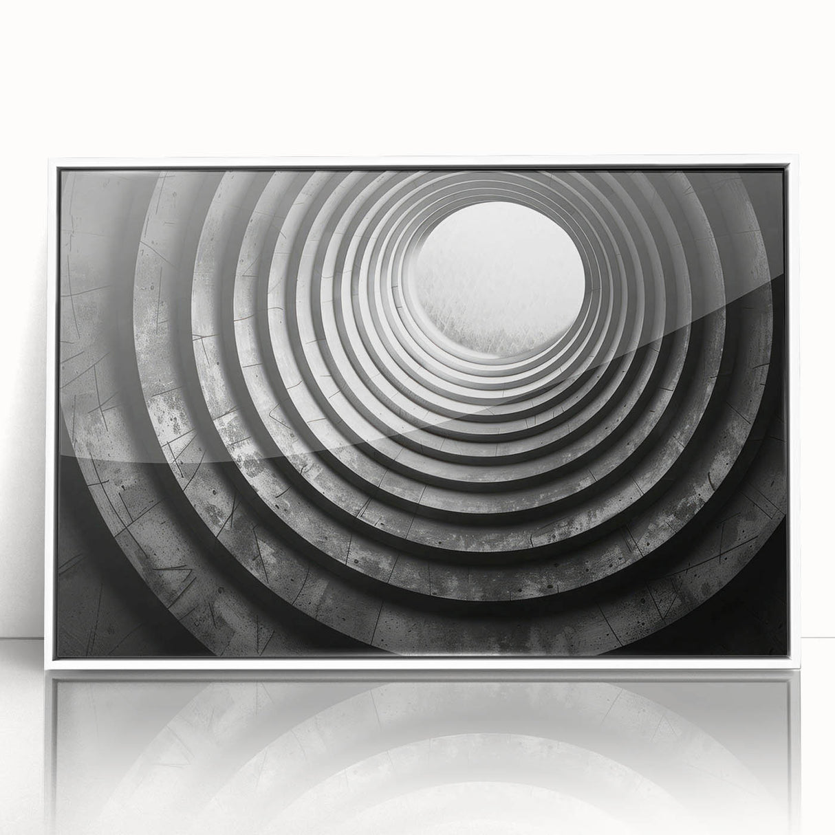 Art deco poster featuring symmetric tunnel architecture in black and white, acrylic framed.