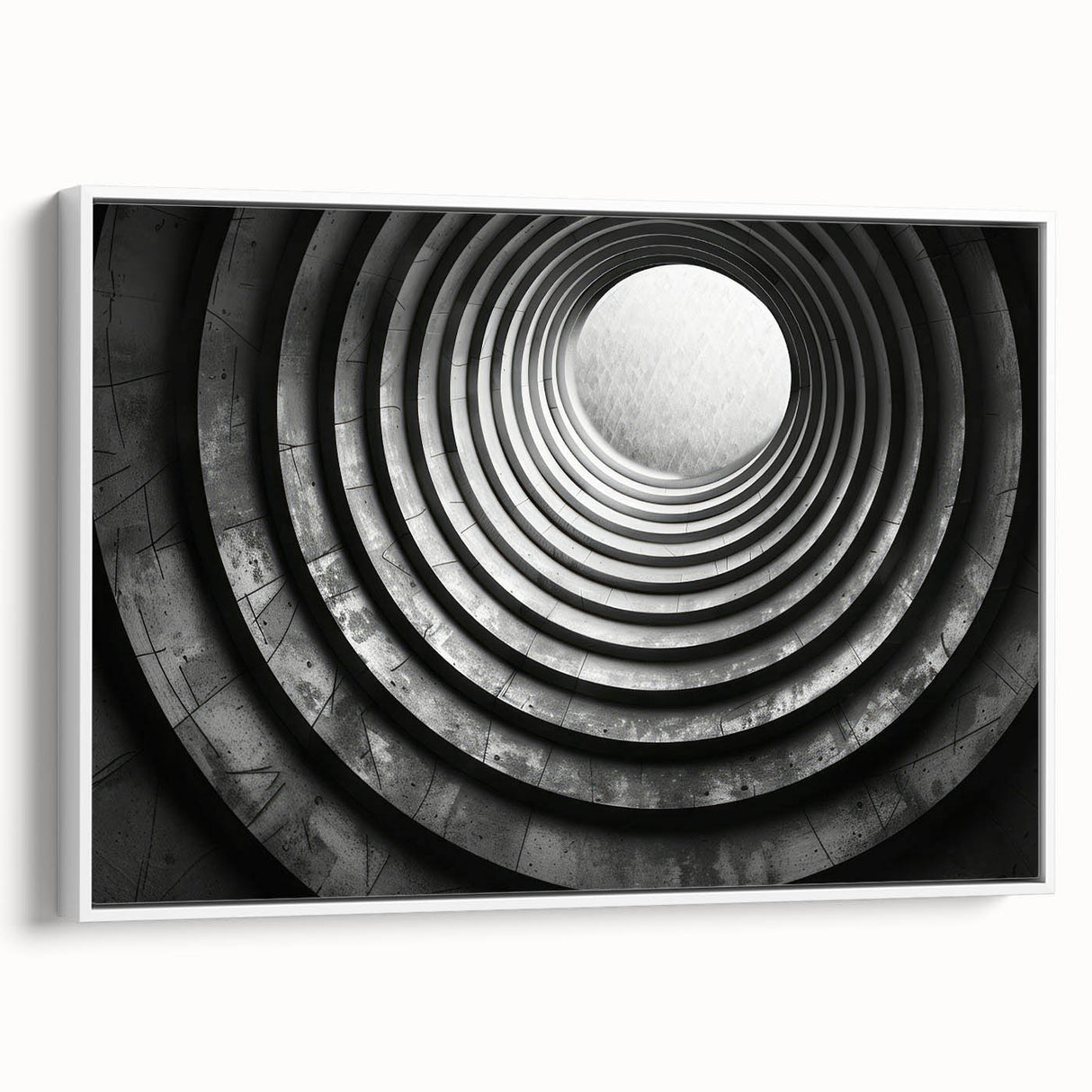 Vintage poster art featuring a black and colorful abstract tunnel design on a large framed canvas.