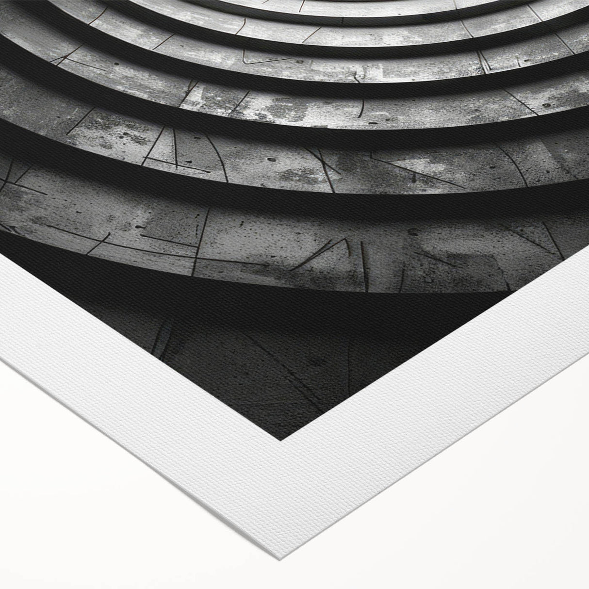 Art deco poster of a geometric tunnel design in monochrome shades on a rolled canvas, suitable for dining room walls.
