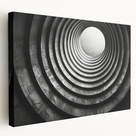 Large abstract art of architectural tunnels in muted gray tones on stretched canvas, ideal for kitchen wall decor.