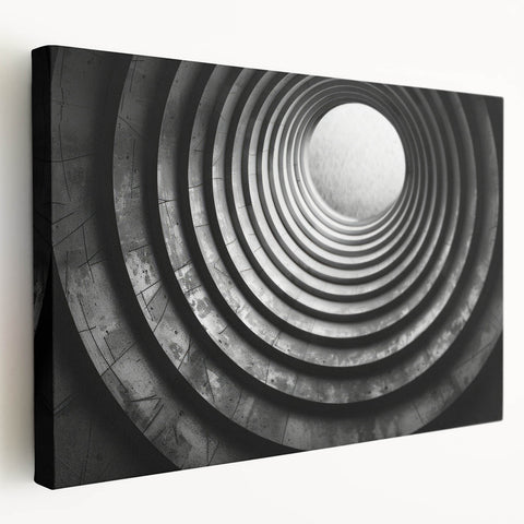Large abstract art of architectural tunnels in muted gray tones on stretched canvas, ideal for kitchen wall decor.