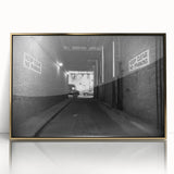 Mid-century modernist tunnel design in gold and beige tones on a framed acrylic large art print.